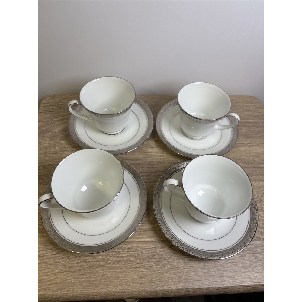 Noritake Crestwood Platinum Footed Cups and Saucers 8 Set  4166